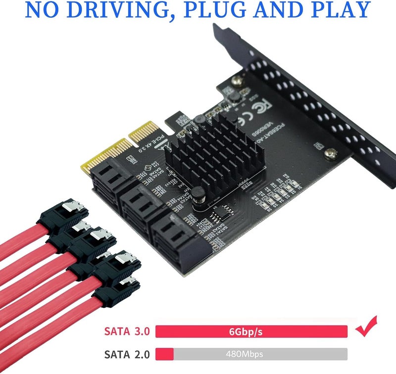 Xdingjiala PCIe SATA Expansion Card 6 Ports 4X with ASM1166 Chip - 6Gbps, Gen 3 Controller Adapter, Non-Raid, with 6 SATA Cables & Low - Profile Bracket, Plug and Play for Windows XP/7/8/10, Linux, MAC OS - Image 5
